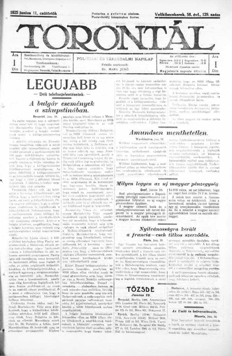 Torontál, 54. évf. 1925. június 11. 129. sz.