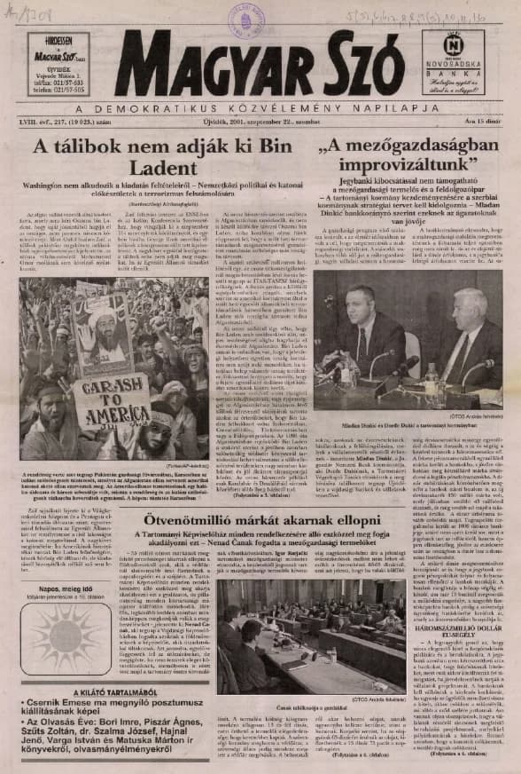 Magyar Szó, 58. évf. 2001. szeptember 22. 217. sz. 1–16. oldal