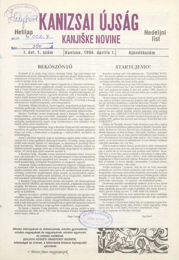 Kanizsai Újság, 1. évf. 1994. április 1. 1. sz.