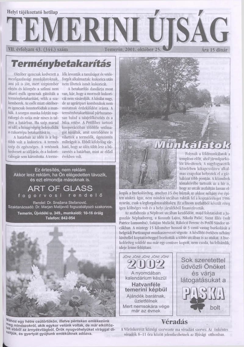 Temerini Újság, 7. évf. 2001. október 25. 43. sz.