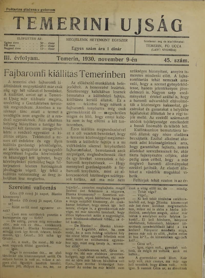 Temerini Újság 1928-1944, 3. évf. 1930. november 9. 45. sz.