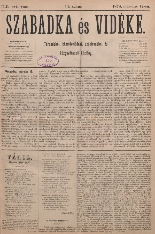 Szabadka és vidéke, 2. évf. 1878. március 17. 14. sz.