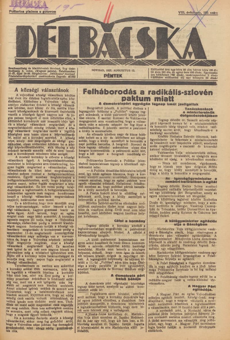 Délbácska, 8. évf. 1927. augusztus 12. 185. sz.