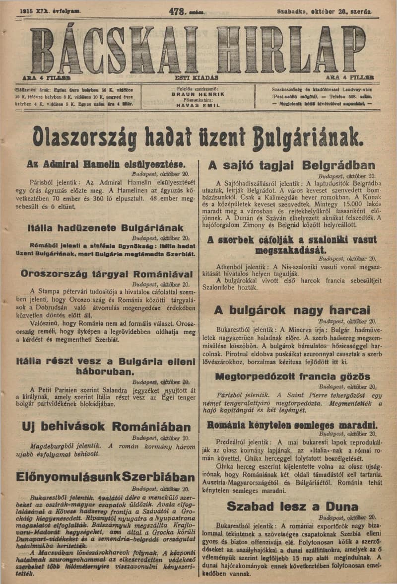 Bácskai Hirlap, 19. évf. 1915. október 20. 479. sz.