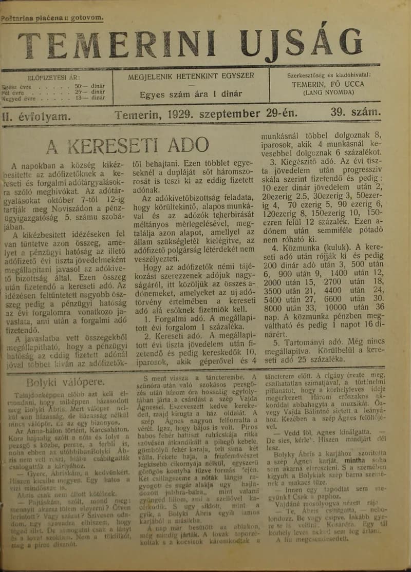 Temerini Újság 1928-1944, 2. évf. 1929. szeptember 29. 39. sz.