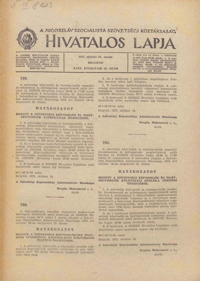 A Jugoszláv Szocialista Szövetségi Köztársaság Hivatalos Lapja, 29. évf. 1973. október 24. 55. sz. 1665–1692. oldal