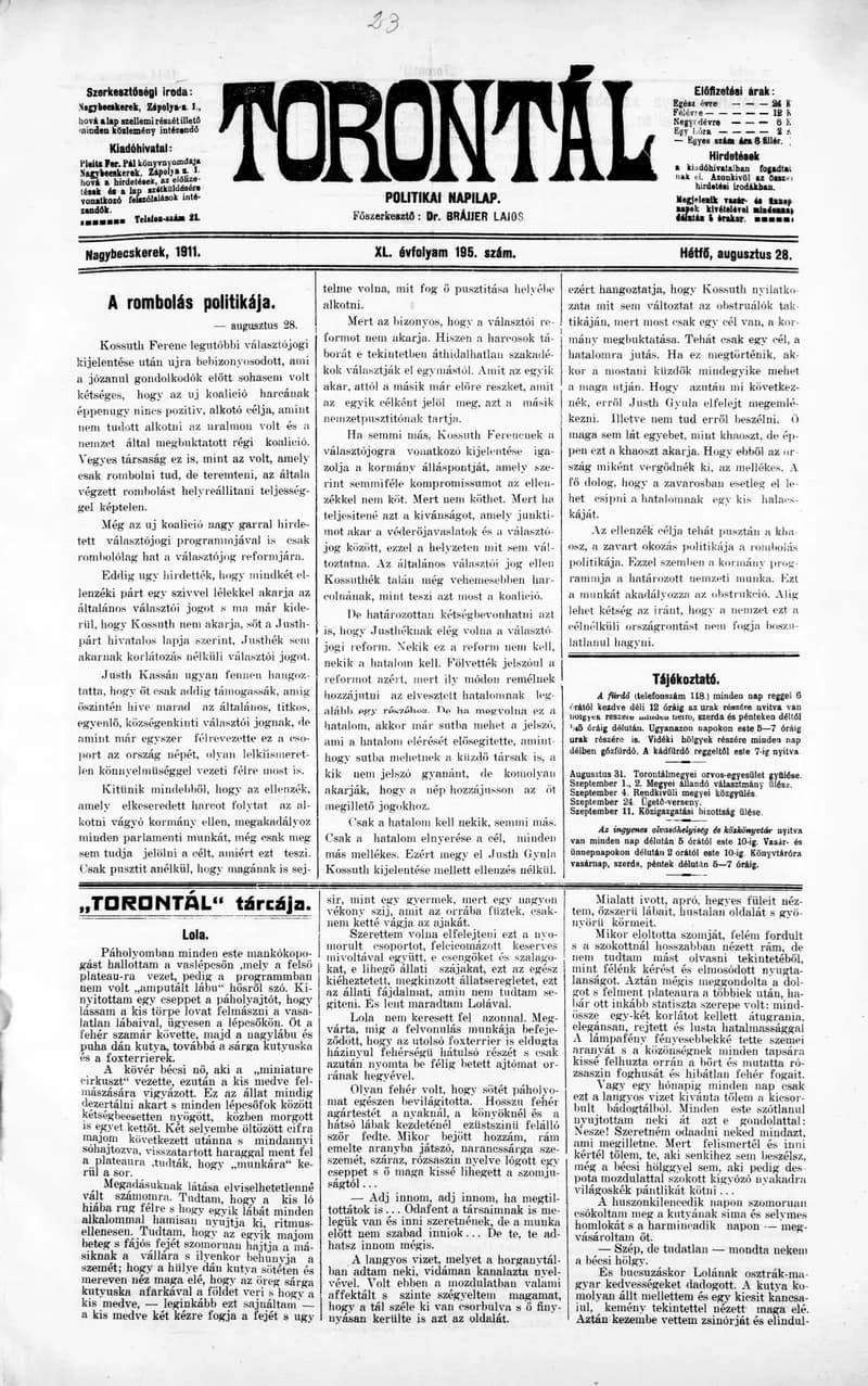 Torontál, 40. évf. 1911. augusztus 28. 195. sz.