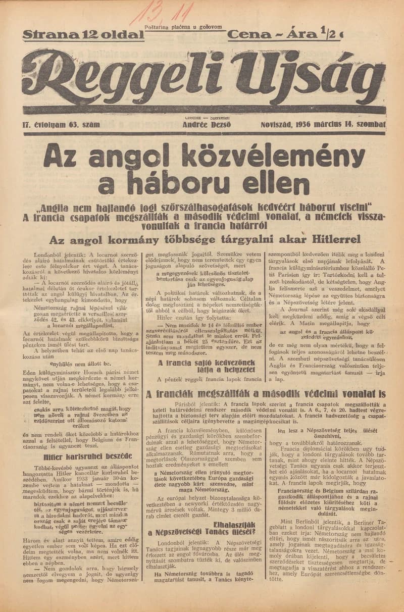 Reggeli Újság, 17. évf. 1936. március 14. 63. sz.