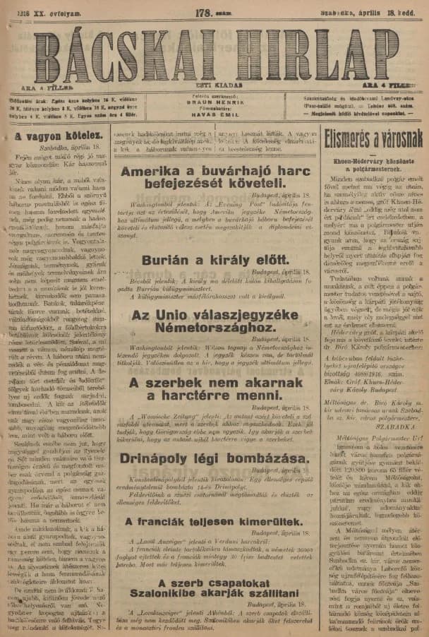 Bácskai Hirlap, 20. évf. 1916. április 18. 178. sz.