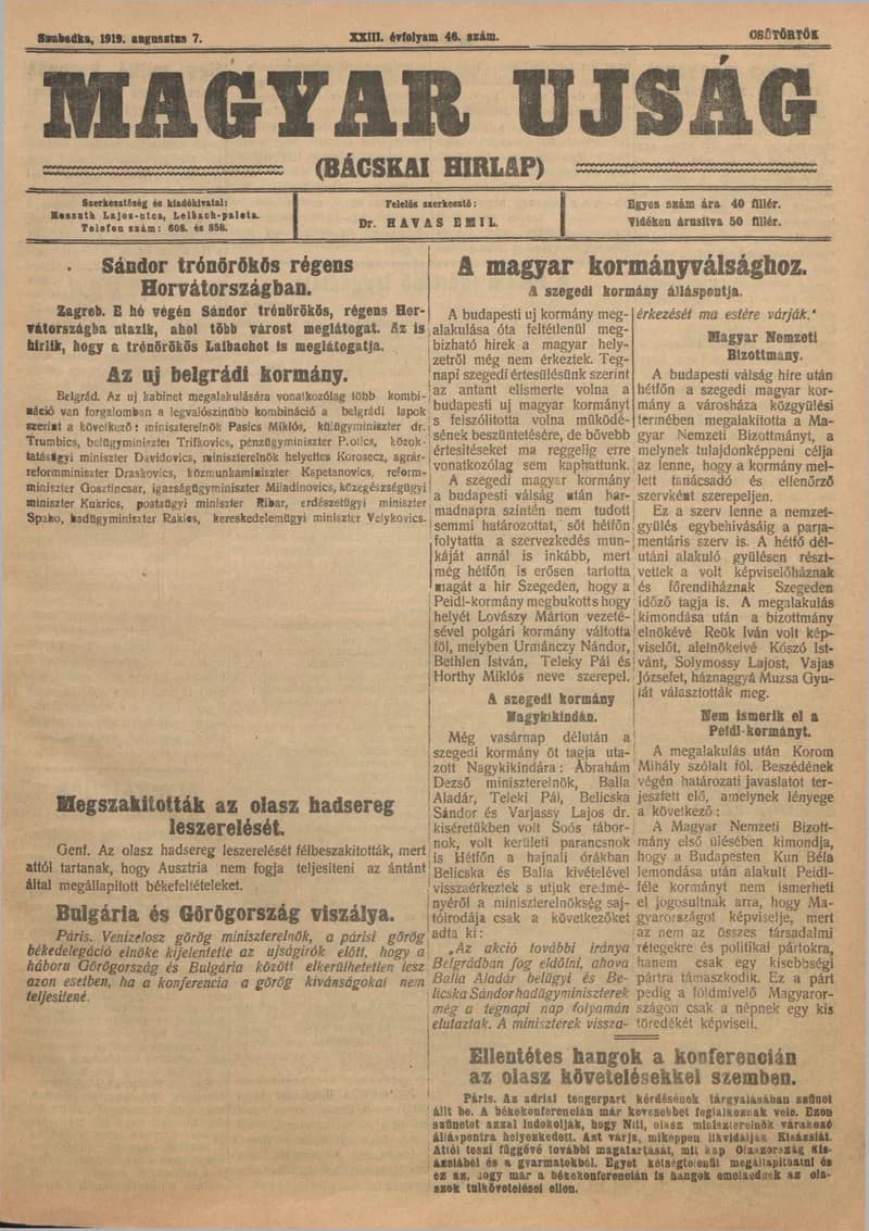 Bácskai Hirlap, 23. évf. 1919. augusztus 7. 46. sz.