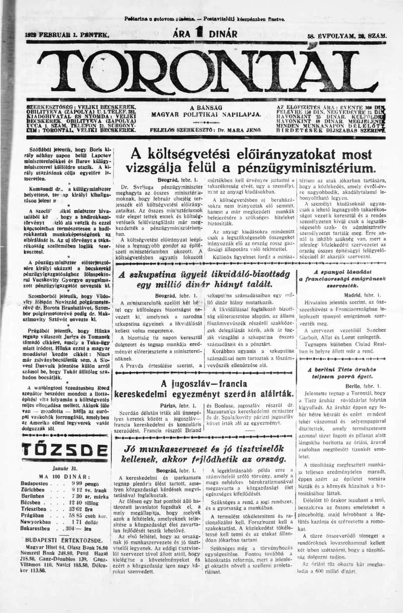Torontál, 58. évf. 1929. február 1. 26. sz.