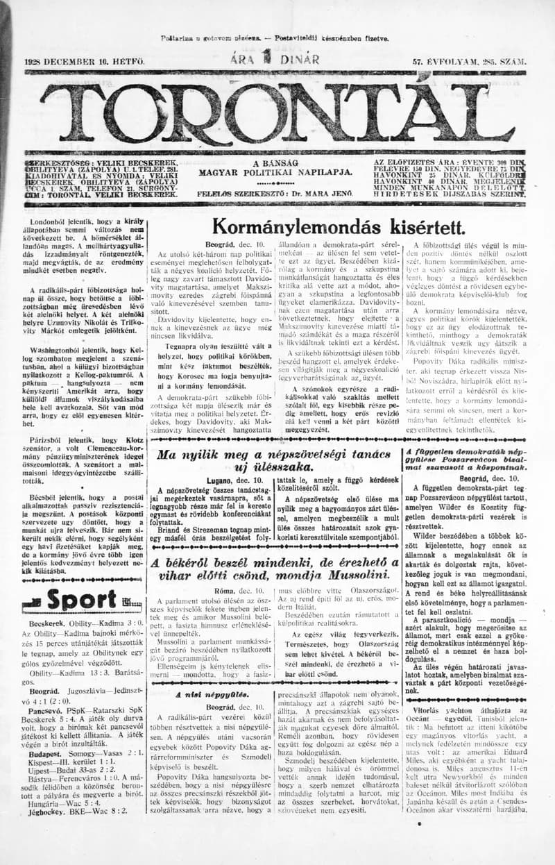 Torontál, 57. évf. 1928. december 10. 285. sz.