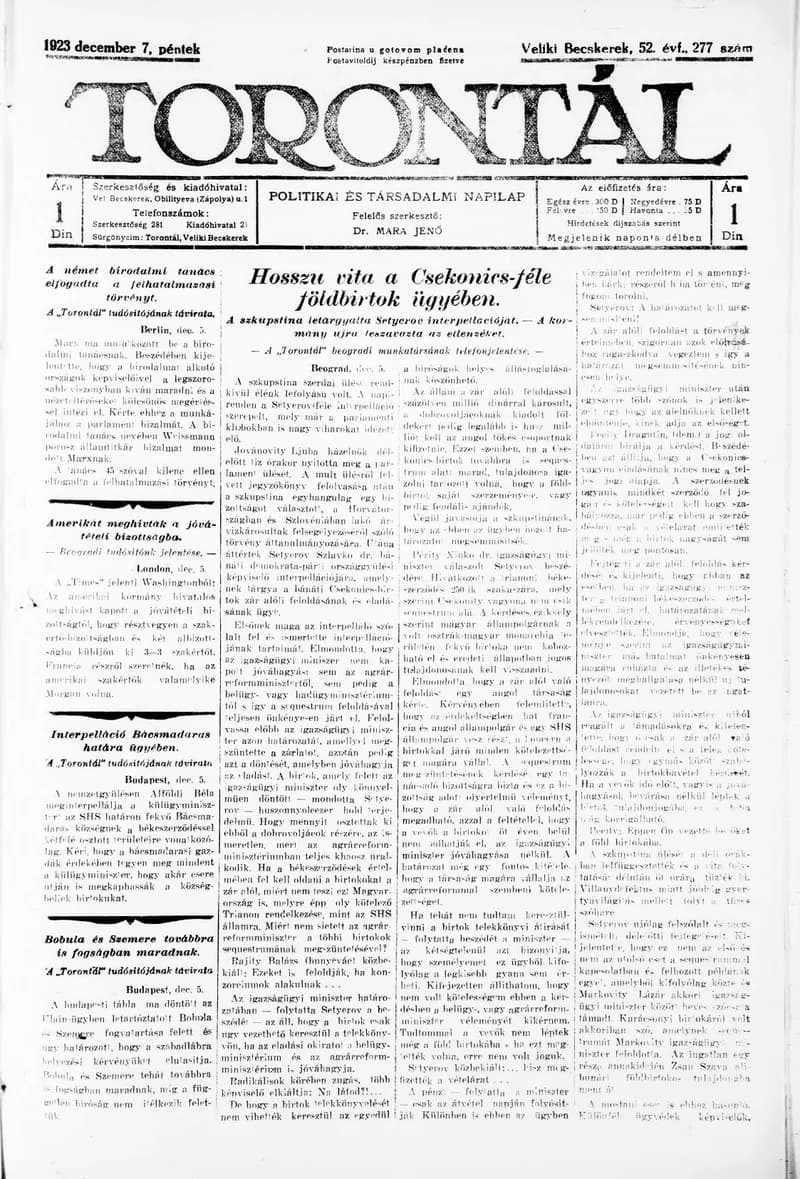 Torontál, 52. évf. 1923. december 7. 277. sz.