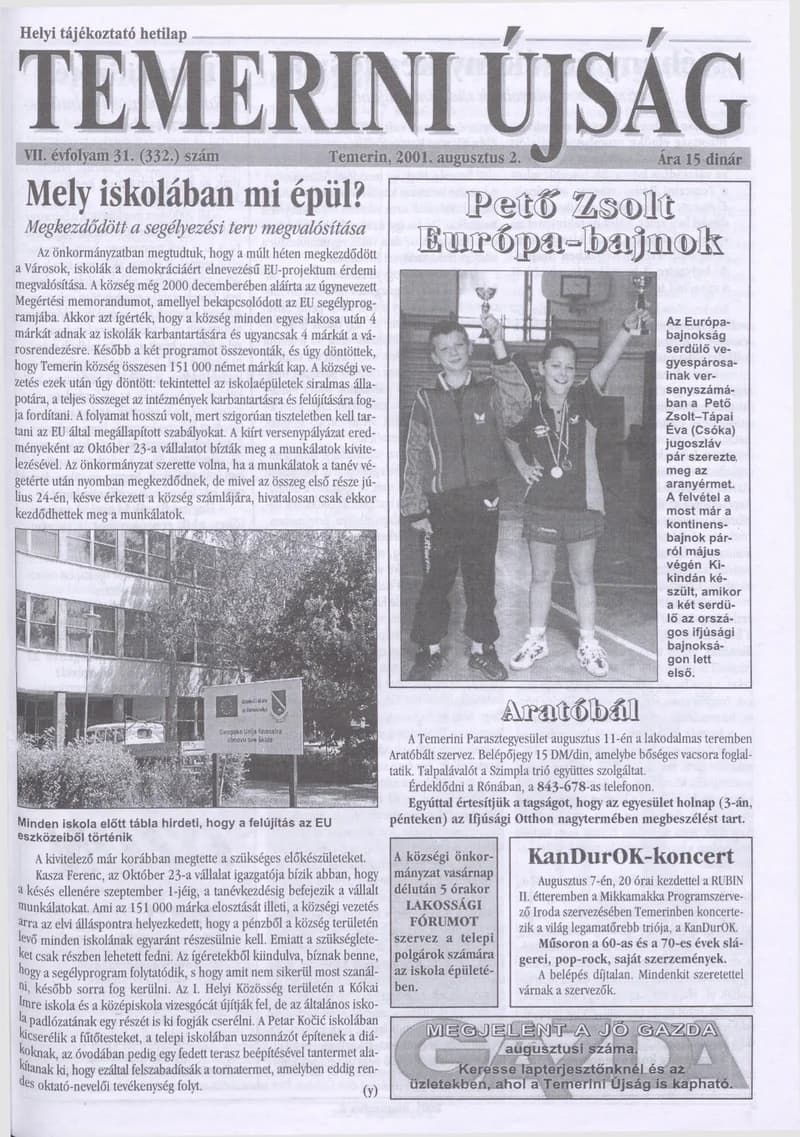 Temerini Újság, 7. évf. 2001. augusztus 2. 31. sz.