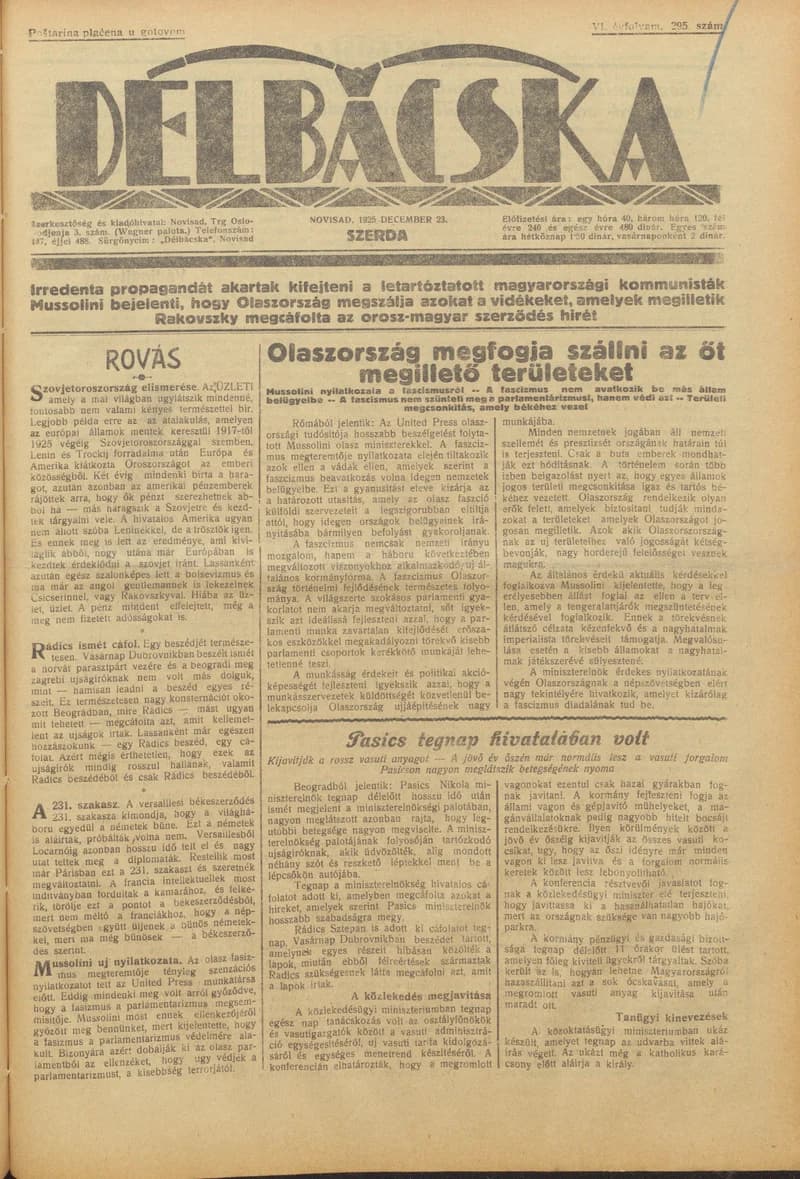 Délbácska, 6. évf. 1925. december 23. 295. sz.