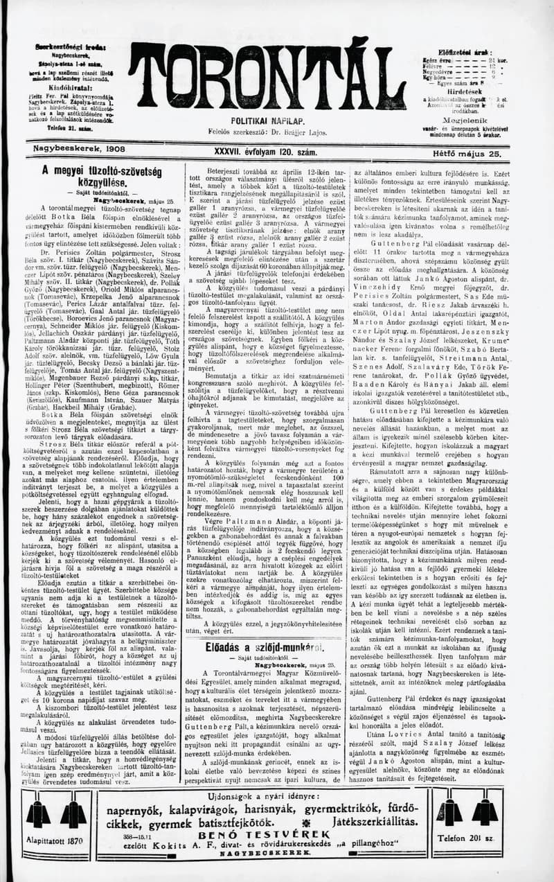 Torontál, 37. évf. 1908. május 25. 120. sz.