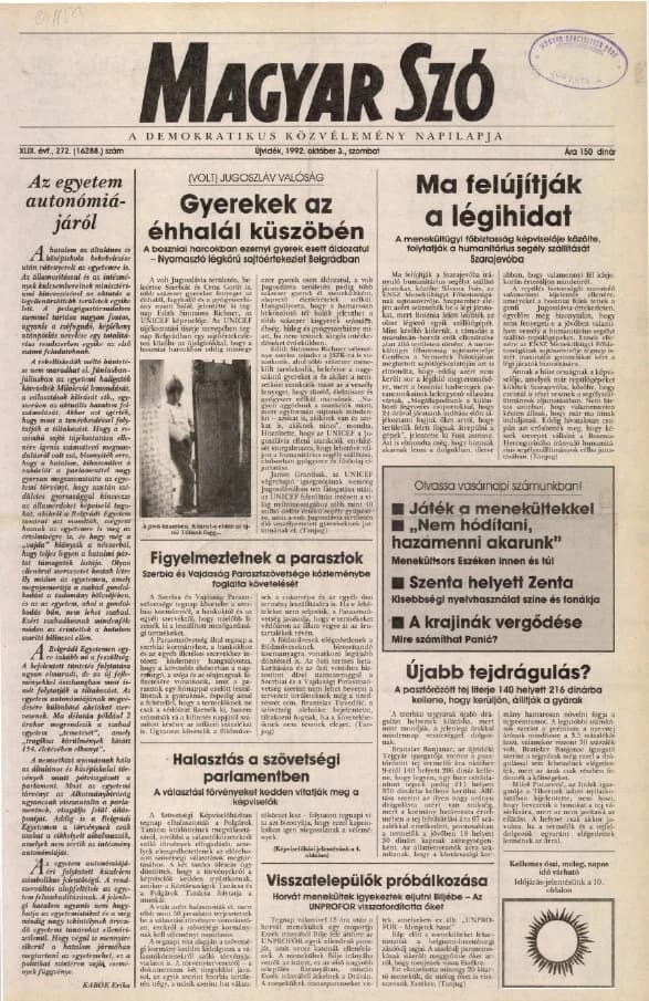 Magyar Szó, 49. évf. 1992. október 3. 272. sz. 1–16. oldal