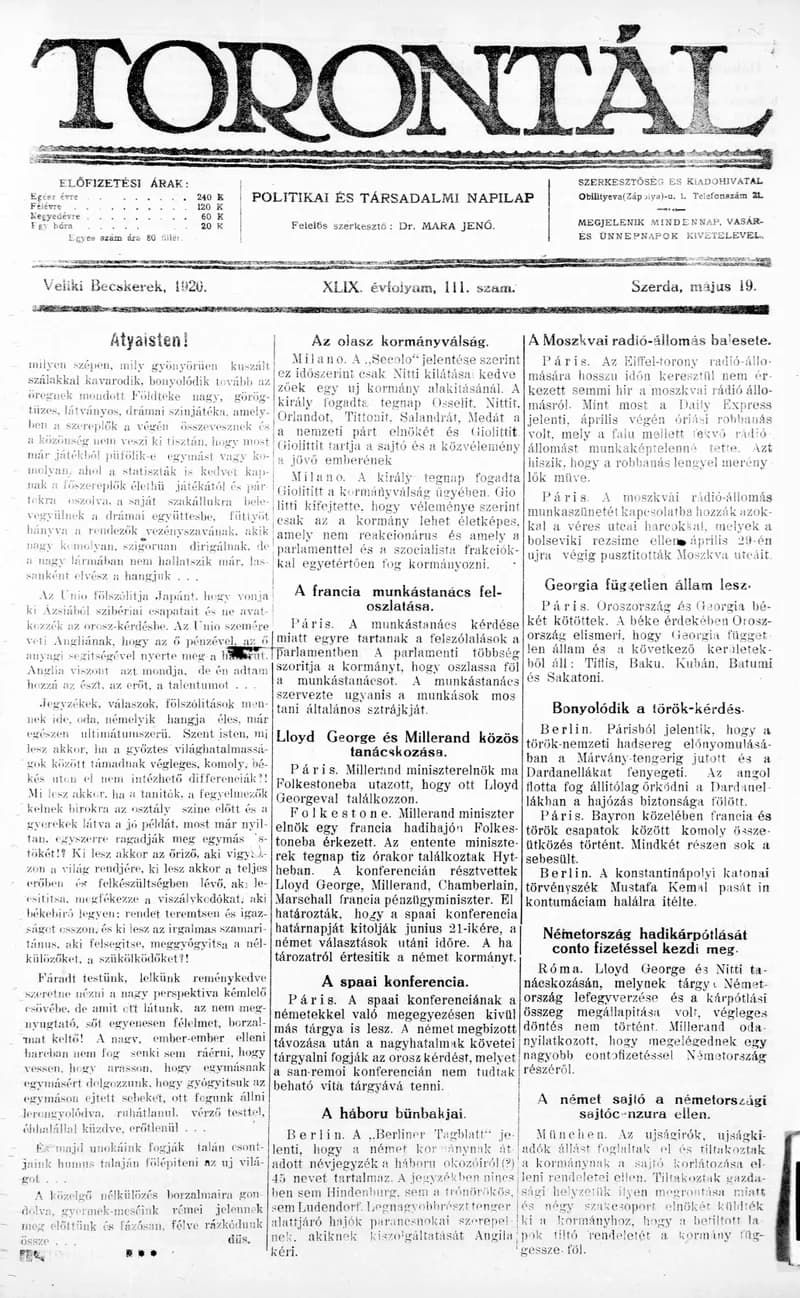 Torontál, 49. évf. 1920. május 19. 111. sz.