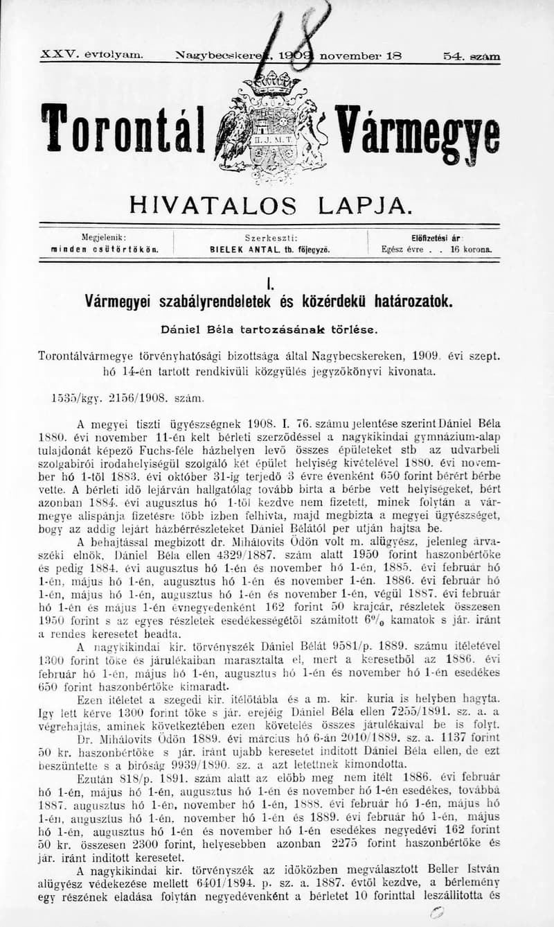 Torontál Vármegye Hivatalos Lapja, 25. évf. 1909. november 18. 54. sz.