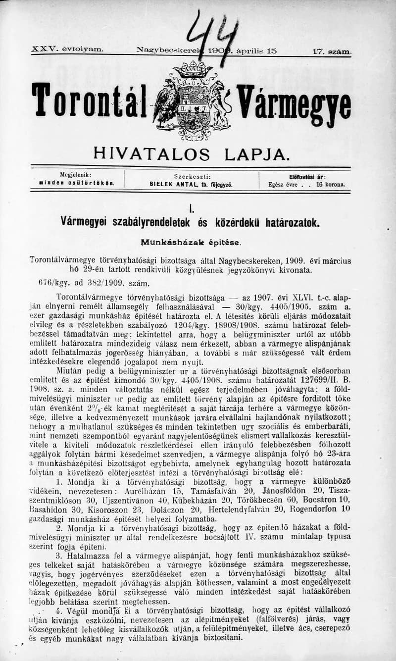 Torontál Vármegye Hivatalos Lapja, 25. évf. 1909. április 15. 17. sz.