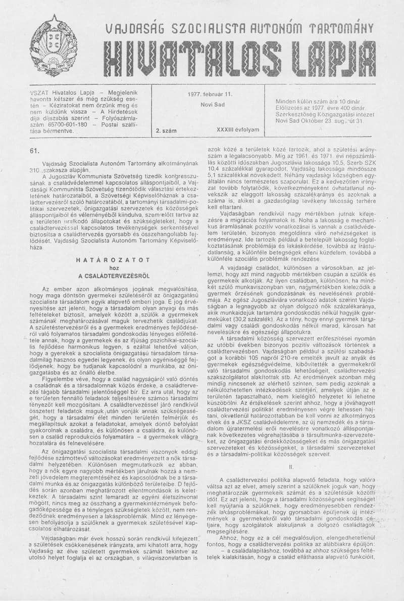 Vajdaság Szocialista Autonóm Tartomány Hivatalos Lapja, 33. évf. 1977. február 11. 2. sz. 61–80. oldal