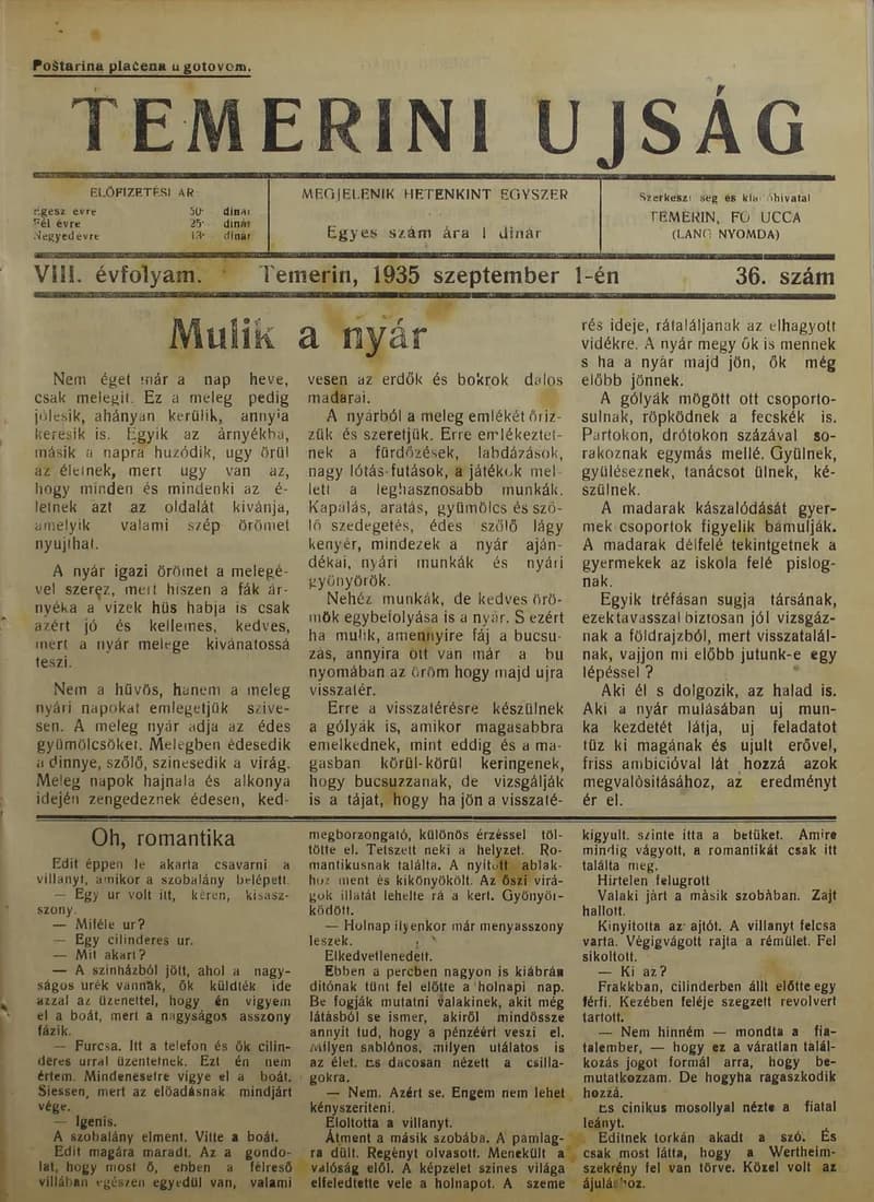 Temerini Újság 1928-1944, 8. évf. 1935. szeptember 1. 36. sz.