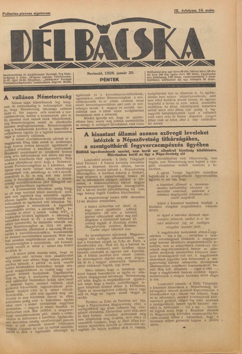 Délbácska, 9. évf. 1928. január 20. 16. sz.
