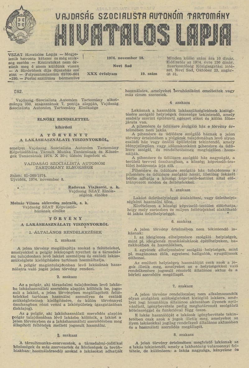 Vajdaság Szocialista Autonóm Tartomány Hivatalos Lapja, 30. évf. 1974. november 18. 19. sz. 789–804. oldal