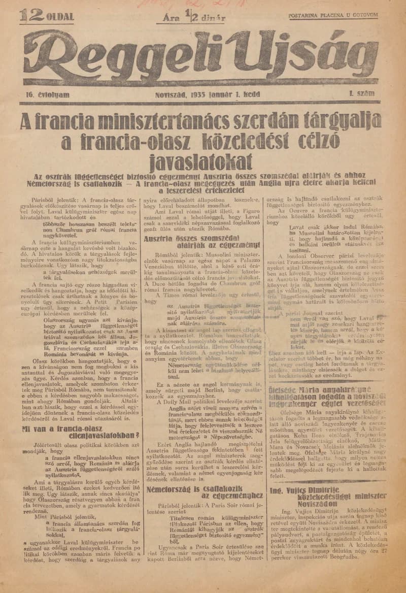 Reggeli Újság, 16. évf. 1935. január 1. 1. sz.