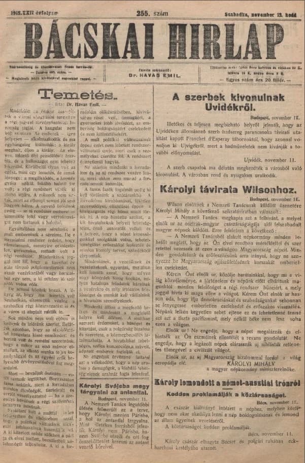 Bácskai Hirlap, 22. évf. 1918. november 12. 255. sz.