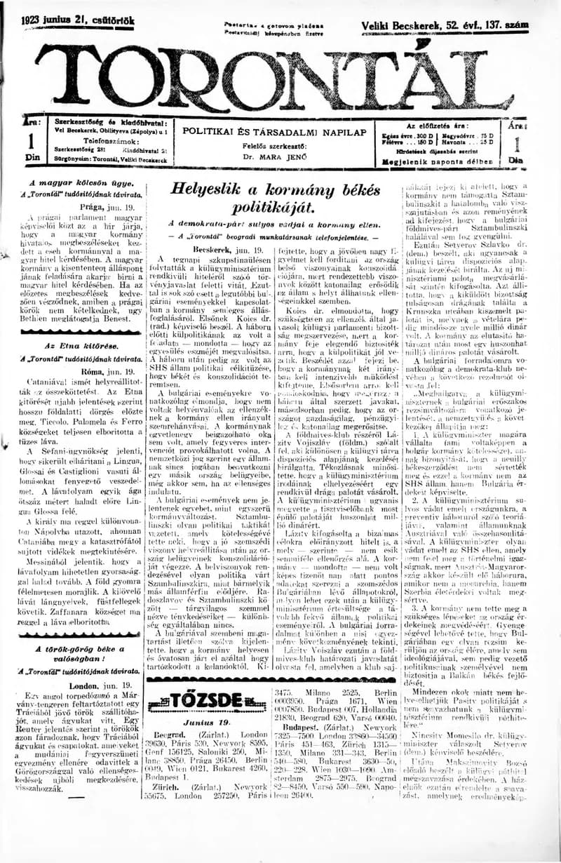 Torontál, 52. évf. 1923. június 21. 137. sz.