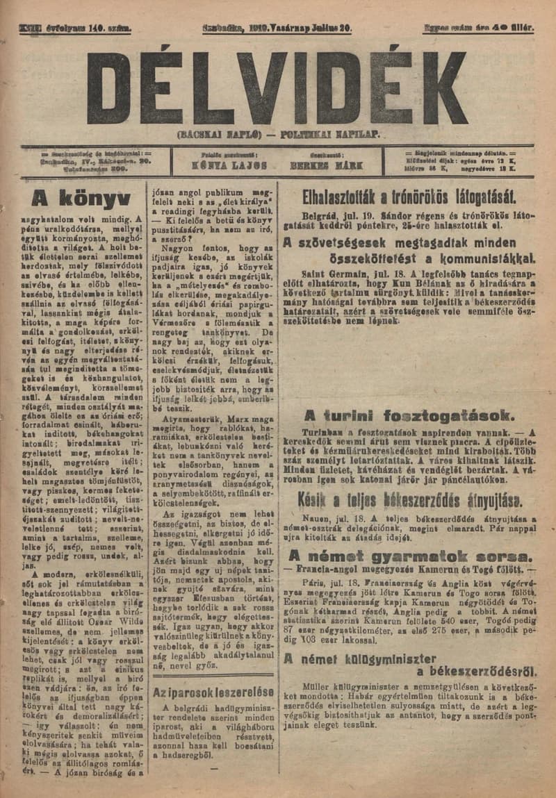 Délvidék, 13. évf. 1919. július 20. 140. sz.