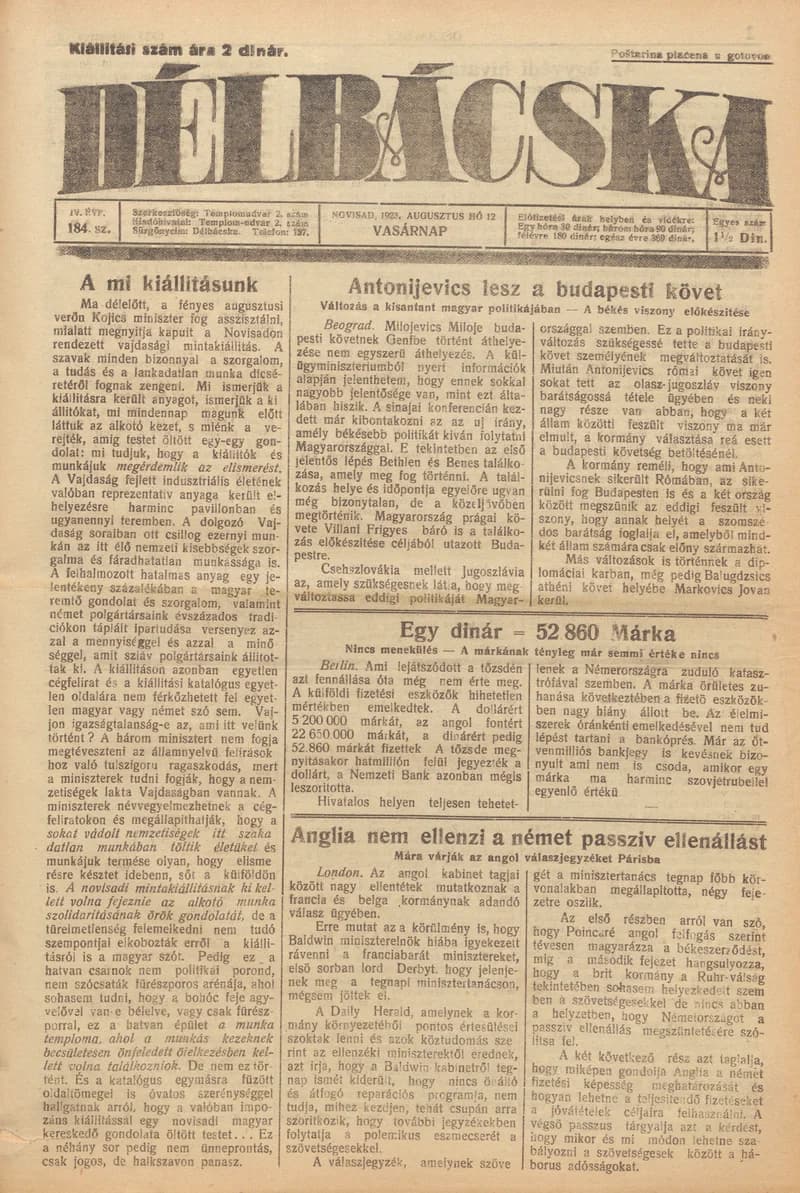 Délbácska, 4. évf. 1923. augusztus 12. 184. sz.