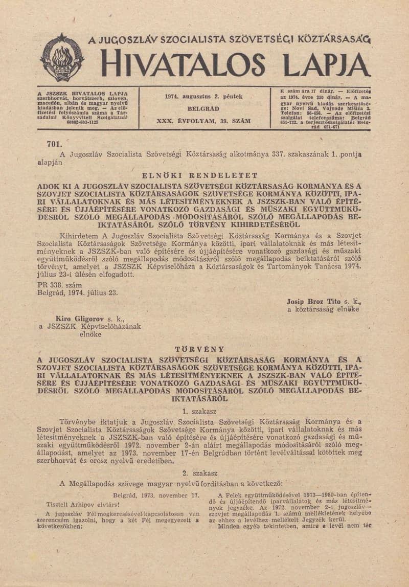 A Jugoszláv Szocialista Szövetségi Köztársaság Hivatalos Lapja, 30. évf. 1974. augusztus 2. 39. sz. 1281–1348. oldal