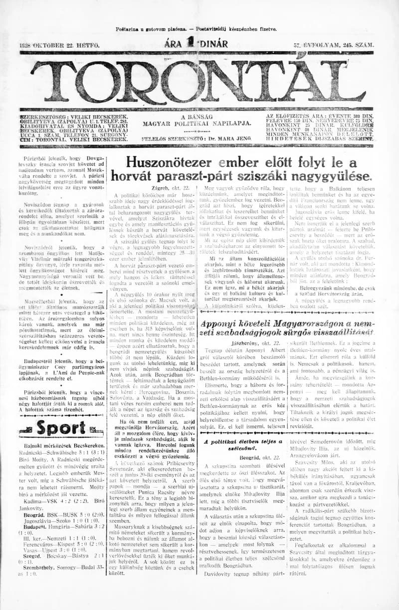 Torontál, 57. évf. 1928. október 22. 245. sz.