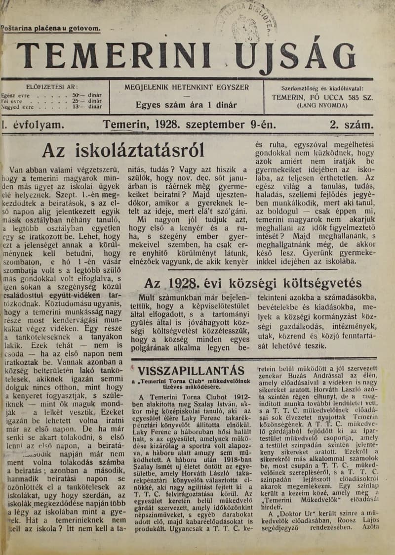 Temerini Újság 1928-1944, 1. évf. 1928. szeptember 9. 2. sz. 1–6. oldal