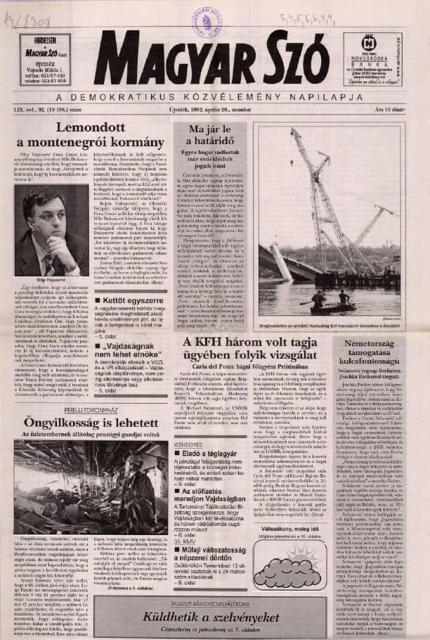 Magyar Szó, 59. évf. 2002. április 20. 92. sz. 1–16. oldal