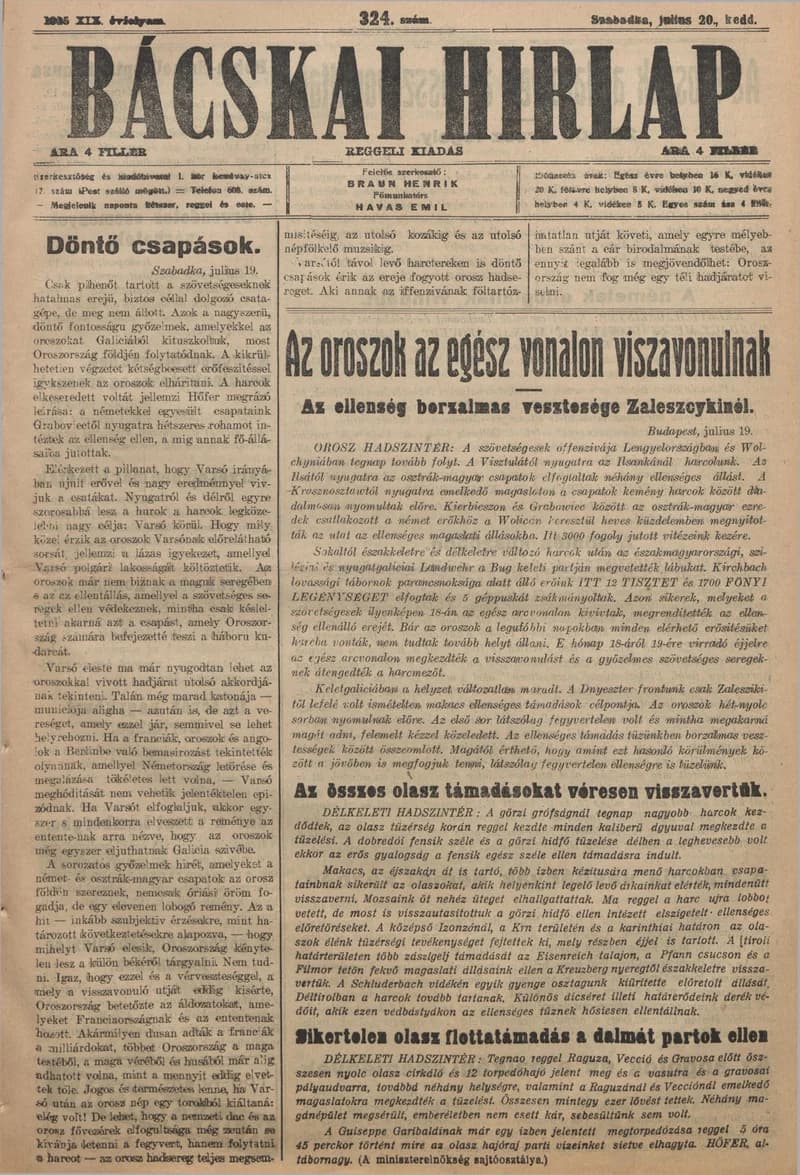 Bácskai Hirlap, 19. évf. 1915. július 20. 324. sz.