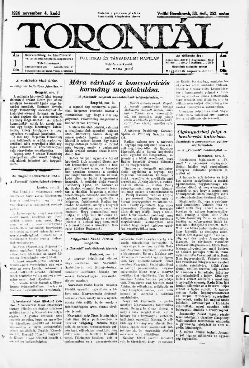 Torontál, 53. évf. 1924. november 4. 252. sz.