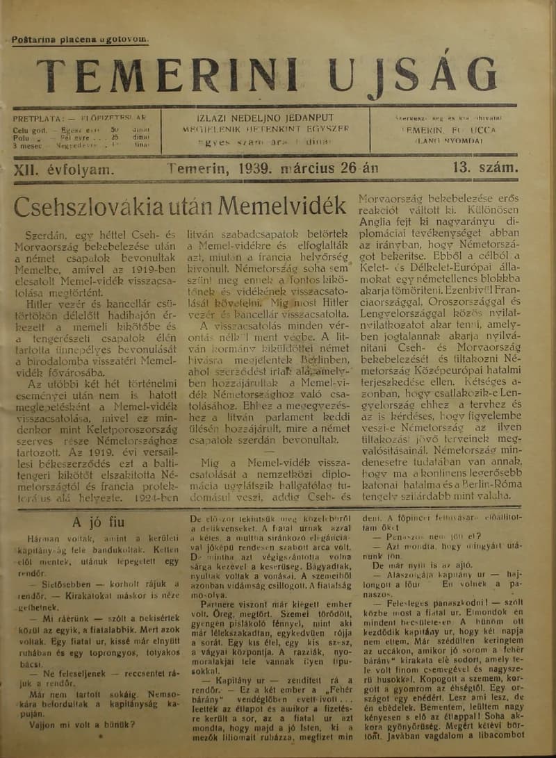 Temerini Újság 1928-1944, 12. évf. 1939. március 26. 13. sz.