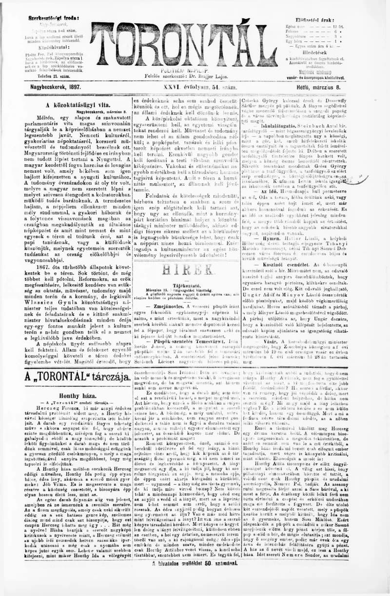 Torontál, 26. évf. 1897. március 8. 54. sz.