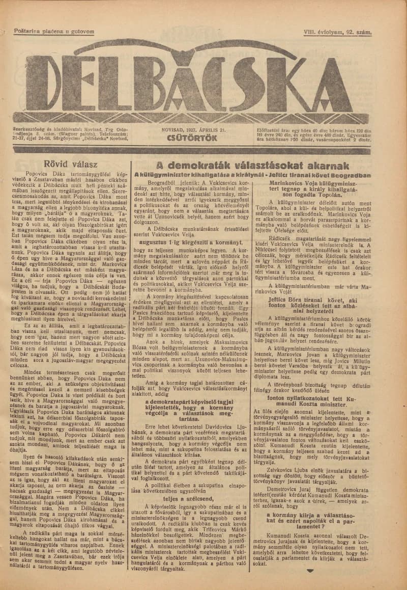 Délbácska, 8. évf. 1927. április 21. 92. sz.