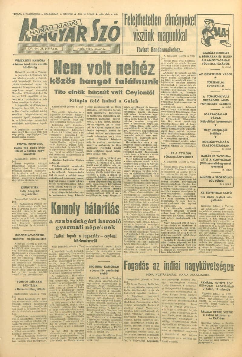 Magyar Szó, 16. évf. 1959. január 27. 21. sz. 1–18. oldal