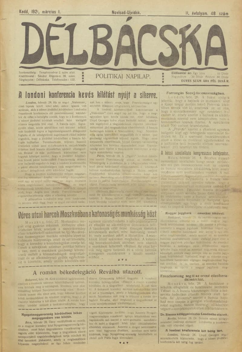 Délbácska, 2. évf. 1921. március 1. 48. sz.