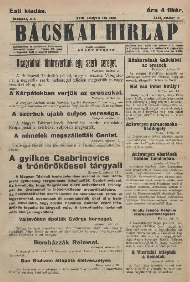 Bácskai Hirlap, 18. évf. 1914. október 13. 243. sz.
