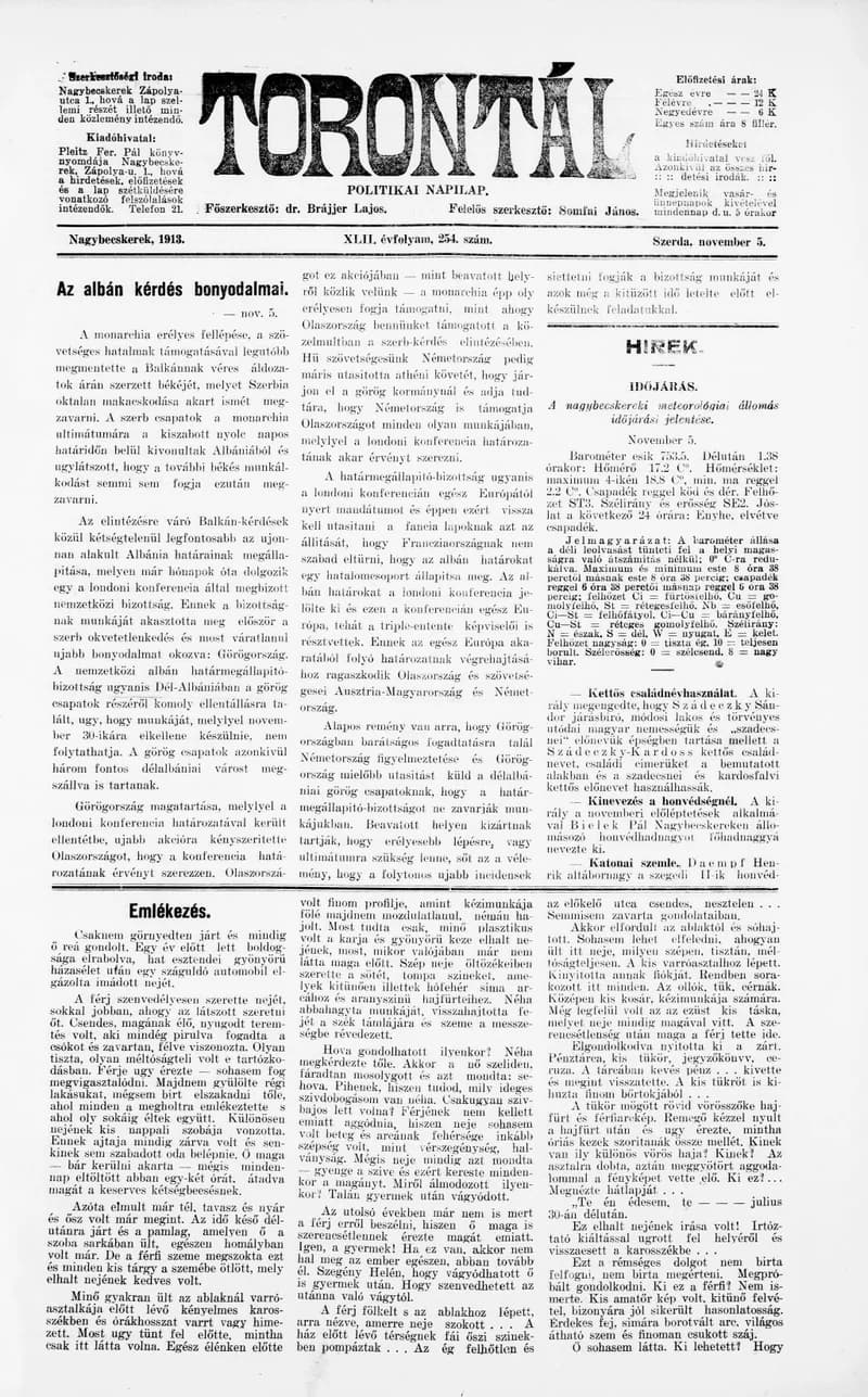 Torontál, 42. évf. 1913. november 5. 254. sz.