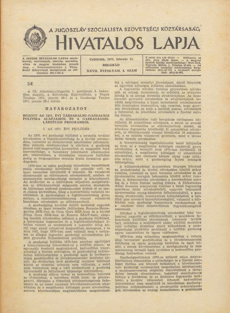A Jugoszláv Szocialista Szövetségi Köztársaság Hivatalos Lapja, 27. évf. 1971. február 11. 8. sz. 137–172. oldal