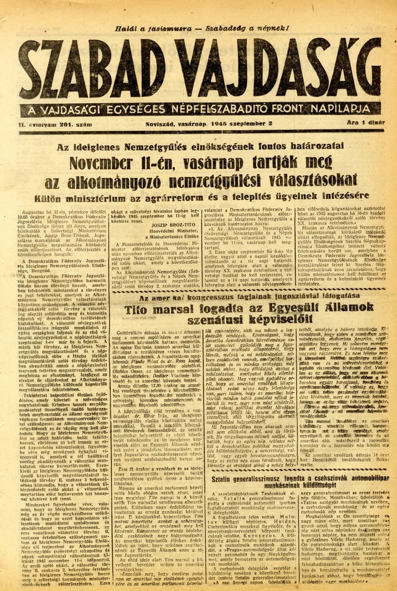Szabad Vajdaság, 2. évf. 1945. szeptember 2. 201. sz.