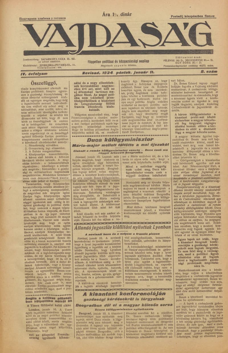 Vajdaság, 4. évf. 1924. január 11. 8. sz.