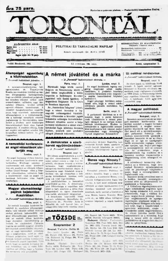 Torontál, 51. évf. 1922. szeptember 5. 196. sz.
